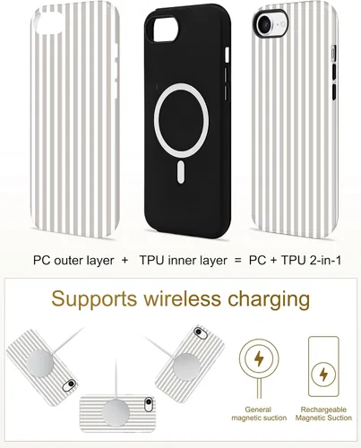 Vista 5 de Jusy Compatible con MagSafe Funda de Teléfono a Rayas para iPhone 7/8/SE, Bonita Funda de Teléfono Protectora Magnética Estética de TPU Suave y PC