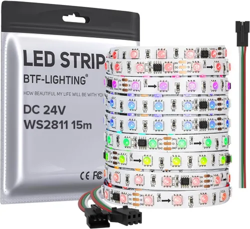 Vista 9 de BTF-LIGHTING -Tira LED WS2811 DC24V 32 pies, direccionable RGB, 600 LEDs, 100 píxeles, PCB blanco Dream Color IP30 no impermeable, funciona