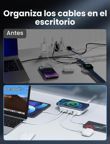 Vista 4 de Cargador de escritorio 6 en 1: USB de 100 W con 15 W inalámbrico, 2 puertos USB A y 4 puertos USB C para iPhone, iPad, MacBook, laptop, dispositivos