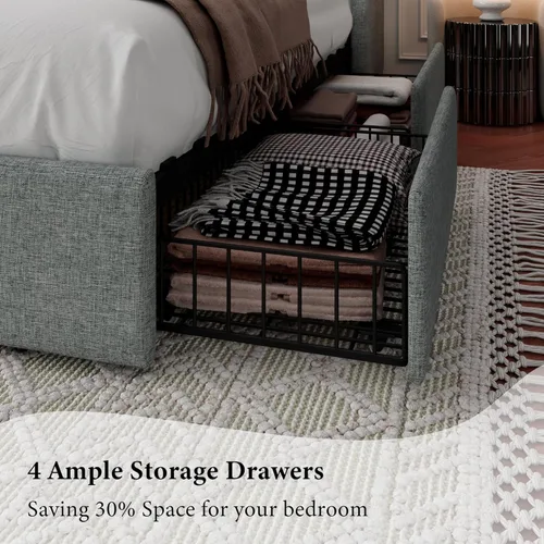 Vista 4 de iPormis Base de cama Queen con 4 cajones de almacenamiento, marco de cama tapizado con puertos tipo C y USB, cabecera de almacenamiento con respaldo