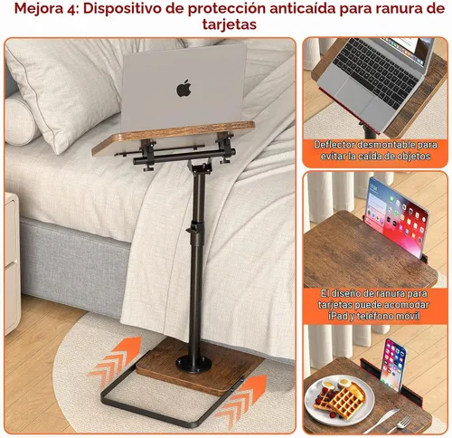Vista 5 de Mesa de TV para sofá, altura ajustable/giro de 360°/diseño de panel abatible de 180°, mesa auxiliar lateral en forma de C, mesa lateral para brazo