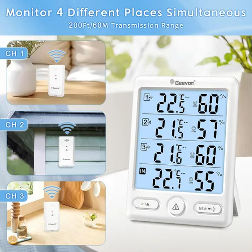 Vista 19 de Geevon Termómetro inalámbrico para interiores y exteriores con 3 sensores remotos, (negro)