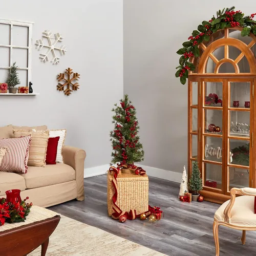 Vista 5 de Nearly Natural Árbol de Navidad artificial de bayas y pino de 3 pies con 50 luces blancas cálidas y base envuelta en arpillera