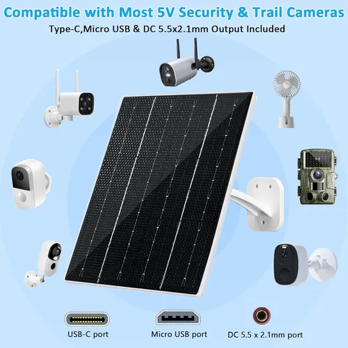 Vista 2 de FUTUREZEN Panel Solar para Cámara de Seguridad, Cargador Solar de 10W con DC 5.5x2.1mm, Puerto USB-C y Micro USB, Resistente al Agua IP66, Montura