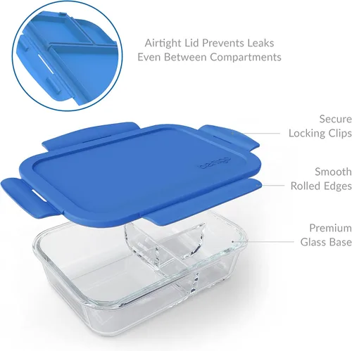 Vista 4 de Bentgo Lonchera de vidrio – Contenedor de alimentos estilo Bento, a prueba de fugas, con tapa hermética y diseño dividido de 3 compartimentos
