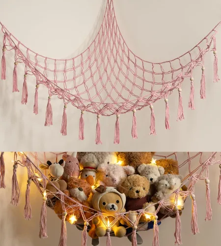Vista 13 de Hamaca de Almacenamiento de Juguetes de Animales de Peluche con Luz LED - Decoración Organizadora de Muñecas Jumbo de Macramé para Esquina