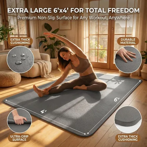Vista 4 de Esterilla grande de yoga de 6'x 4' (72"x 48") — Esterilla de ejercicio extra ancha de 1/4" y 1/3" de 183cm x 122cm, gran esterilla de ejercicio