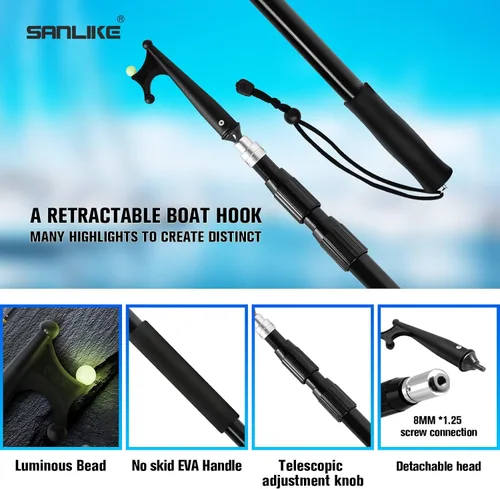 Vista 2 de SAN LIKE Boat Hooks for Docking Telescoping Extension Pole Hook with Luminous Bead, Lightweight Floating, Non-Slip Rubber Handle, Durable &