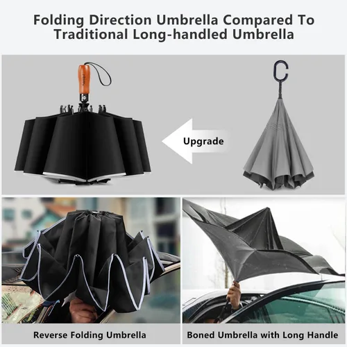 Vista 4 de Lejorain Golf Large Inverted Umbrella - Black Big Windproof Heavy Duty Upside Down 46/50/54 Inch Compact Reverse Car Automatic Folding Reflective
