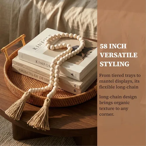 Vista 4 de Cuentas estilo granja, guirnalda de cuentas de madera de 58 pulgadas con borlas, decoración rústica de campo, cuentas bohemias de oración