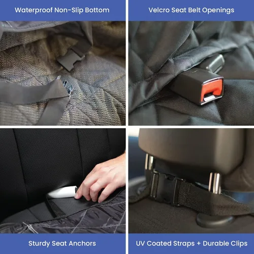 Vista 5 de Funda para asiento trasero de automóvil con hamaca para perros. Viene con cortes para los cinturones de seguridad 60/40, Extra grande, Negro