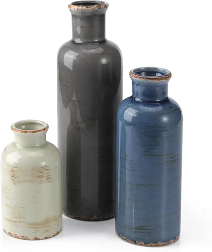 Vista 10 de Juego de 3 pequeños jarrones de cerámica beige, jarrones bohemios modernos de flores beige para decoración de habitación, decoración de granja