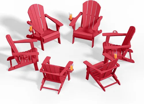 Vista 44 de Sillas plegables Adirondack con portavasos, juego de 4 sillas de plástico HDPE para exteriores, resistentes a la intemperie, aspecto de madera real