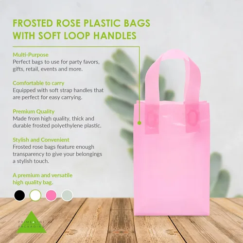 Vista 2 de Prime Line Packaging Bolsas de regalo rosadas, bolsas de tote de plástico esmerilado con asas para pequeñas empresas, golosinas, compras, cumpleaños