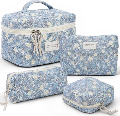 Vista 11 de VIWIME Bolsa de cosméticos de maquillaje, grande, de algodón, acolchada, de viaje, coquette, estética, linda, floral, bolsa de maquillaje