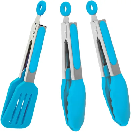 Vista 9 de Juego de 3 pinzas de silicona para servir, pequeñas pinzas de cocina (7 pulgadas) con puntas de silicona y mango de acero inoxidable, pinzas