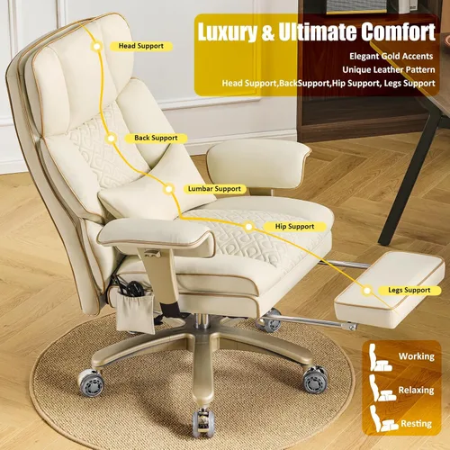 Vista 7 de Silla de Oficina de Cuero con Reposapiés, Silla de Oficina Ejecutiva de Respaldo Alto con Soporte Lumbar Ajustable, Silla de Escritorio de Lujo