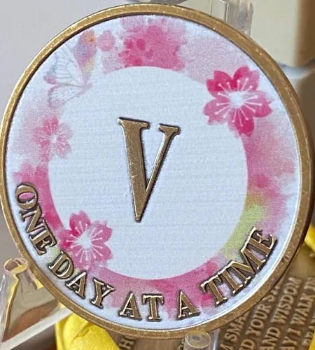 Vista 3 de Medallón de sobriedad de flor de loto rosa mariposa de 5 años un día a la vez AA NA Chip