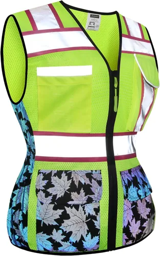 Vista 15 de Chaleco de seguridad para mujer, múltiples bolsillos, de alta visibilidad, reflectante, malla transpirable, chaleco de trabajo para dama, cremallera