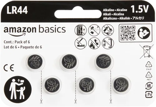 Amazon Basics paquete de 6 pilas de botón LR44 alcalinas, 1.5 voltios, energía duradera, sin mercurio