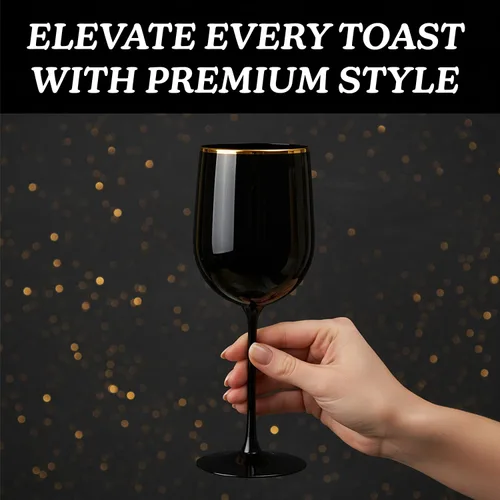 Vista 2 de Blue Sky Copas de vino de plástico negro con borde dorado, 12 onzas (paquete de 5) reutilizables, vasos desechables para fiestas y eventos