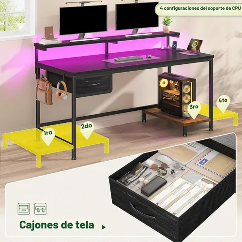 Vista 8 de DurayLoly Escritorio para juegos de 39.3 pulgadas con toma de corriente y luces LED, escritorio de computadora con soporte de monitor ajustable