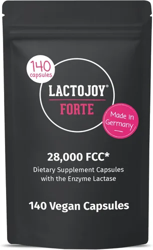 LactoJoy Forte 28,000 FCC - Cápsulas de lactasa con efecto 6h Depot - Paquete de recarga de 140 cápsulas veganas - Lactasa de acción rápida de larga