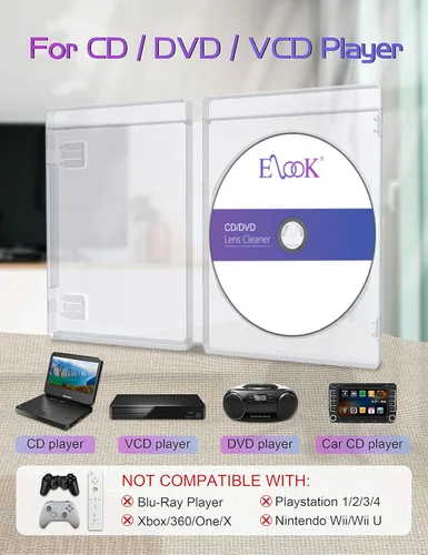 Vista 5 de Elook Limpiador de reproductor de CD, disco de limpieza de lentes láser para reproductor de CD/VCD/DVD, paño de microfibra incluido.