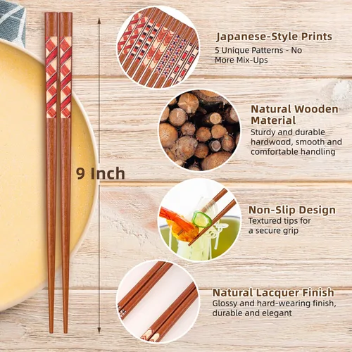 Vista 2 de Antner - Palillos japoneses hechos a mano, palillos de madera natural reutilizables con caja, juego de regalo de 5 pares