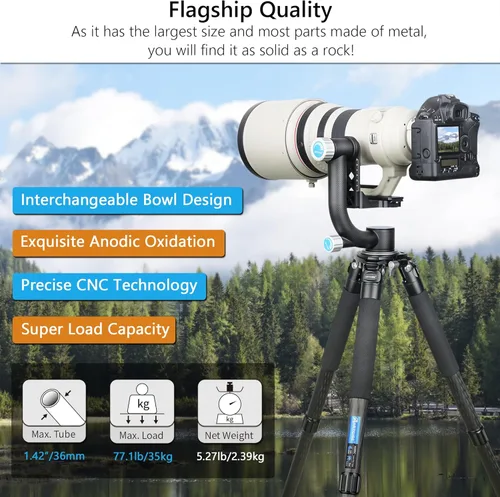 Vista 2 de ARTCISE Trípode de fibra de carbono AS88C con cuenco de 2.953 in y adaptador, trípode para cámara resistente, 10 capas, tubo de pierna de 1.417 in