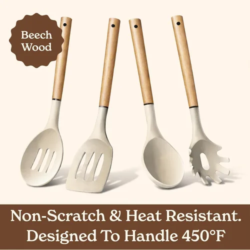 Vista 5 de Country Kitchen Juego de utensilios de silicona antiadherente con asas redondeadas de madera para cocinar y hornear, juego de 8 piezas, caqui