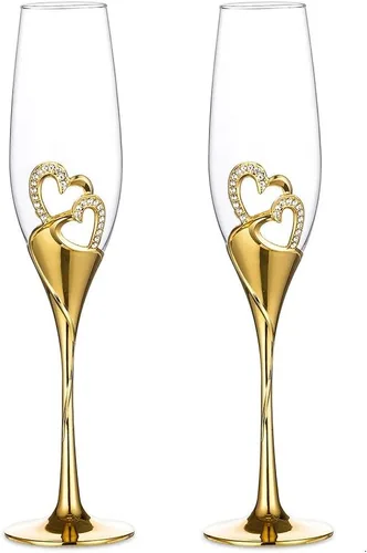 Juego de copas de champán para boda, copas de flauta de tostado dorado, paquete de 2 con diamantes de imitación, decoración de corazones para bodas,