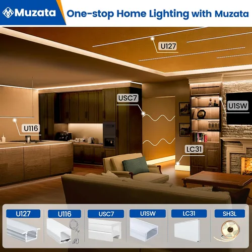 Vista 7 de Muzata 6Pack 3.3FT/1M LED Channel Aluminum U Shape Silver LED Strip Diffuser Channel with Milky White Cover Easy Installation U1SW WW 1M