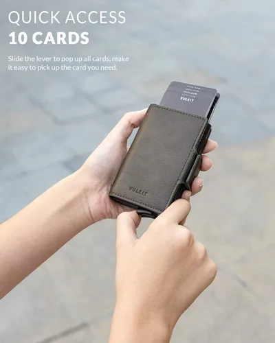 Vista 2 de VULKIT Credit Card Holder RFID Blocking Leather Automatic Pop Up Wallet Magnetic Wallet Double Card Case for Men and Women