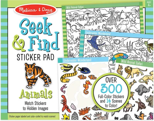 Melissa & Doug - Hoja de calcomanías Busca y Encuentra, Animales (más de 400 calcomanías, 14 escenas para colorear) Hojas de calcomanías de búsqueda