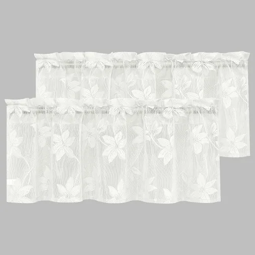 Vista 54 de DWCN Paquete de 2 cortinas traslúcidas pequeñas de encaje floral beige para cocina, cortinas traslúcidas ligeras con bolsillo para barra, cortinas