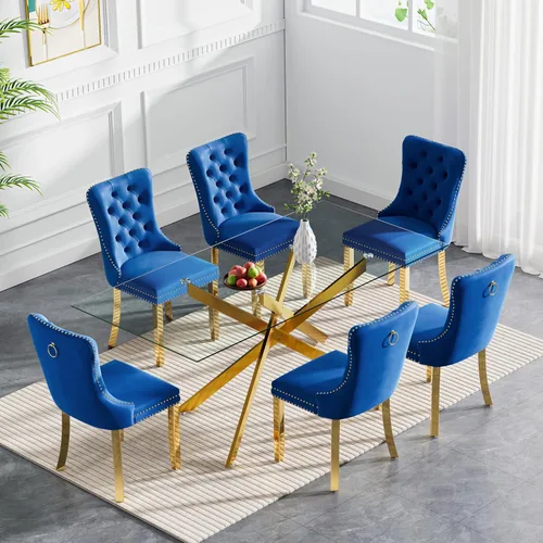 Vista 28 de Juego de 4 mesas de comedor modernas de 36 pulgadas, mesa de comedor redonda de vidrio templado y 4 sillas de comedor de terciopelo beige, mesa
