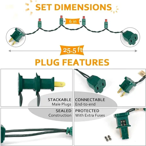 Vista 3 de Luces LED de Navidad, 50 unidades, luz LED de Navidad sin costuras para exteriores e interiores, grado de iluminación comercial, luz roja, cable Rojo
