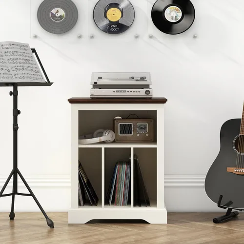 Vista 7 de Soporte de tocadiscos estilo granja, mesa auxiliar de 3 niveles, soporte para tocadiscos con almacenamiento para discos de vinilo, gabinete