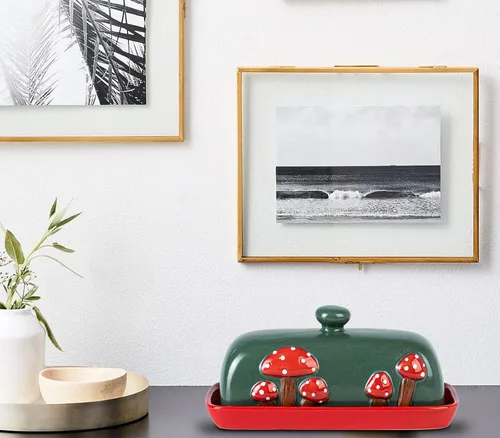 Vista 3 de Mantequera de Cerámica en Forma de Seta con Tapa para Encimera - Bandeja de Contenedor Rojo, Grande Cubierta