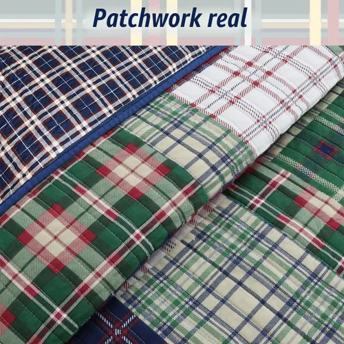 Vista 4 de Cozy Line Home Fashions Juego de ropa de cama acolchado reversible de 100% algodón con rayas azul marino y rojas, estrella patriótica para niño