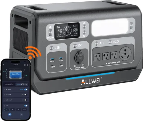 ALLWEI Estación de energía LiFePO4 de 2400 W, generador solar de 2048 Wh con carga de CA de 1500 W y carga solar de 1200 W, expandible a 10.24 kWh