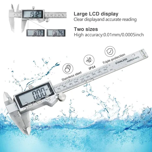 Vista 2 de Calibre digital, herramienta de medición de calibre de acero inoxidable impermeable IP54, pinza Vernier con pantalla LCD enorme, función de apagado