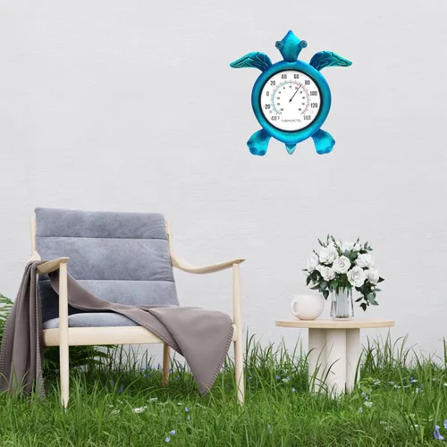 Vista 6 de Termómetro de tortuga para exteriores, termómetro de montaje en pared, diseño de tortuga azul, decoración para exteriores e interiores
