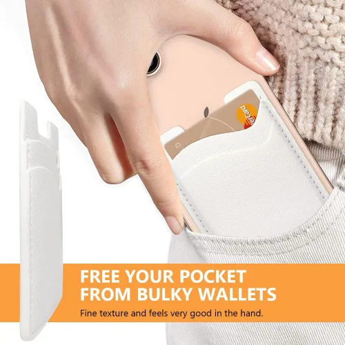 Vista 3 de Tarjetero de cuero para teléfono, soporte elástico para tarjetas de crédito para funda de teléfono, paquete de 2 unidades, color blanco