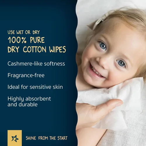 Vista 10 de Tiny Twinkle Toallitas secas 100% algodón para bebé, 480 unidades, uso húmedo o seco, sin olor (fragancia), hipoalergénicas y sin productos