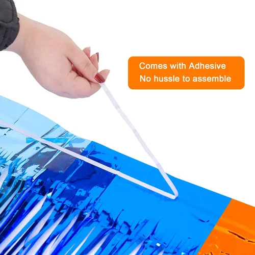 Vista 7 de Suministros de fiesta de cumpleaños de perro azul, 2 paquetes de cortinas de flecos de papel de aluminio de 3.3x6.6 pies, serpentinas metálicas