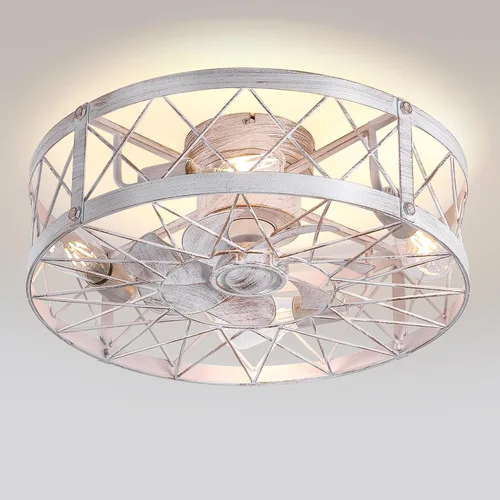 Ventilador de techo enjaulado blanco de montaje empotrado con luz, ventilador de techo pequeño sin aspas de 20" y control remoto, ventiladores de