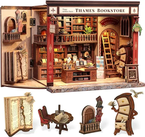 Vista 24 de CUTEBEE - Kit de rincón de libros - Juego de construcción DIY de casa en miniatura para adultos, estantería de casa en miniatura para libros