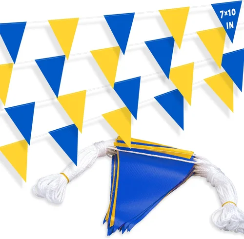 Vista 9 de Banderines de 105 pies, 7 x 10 pulgadas, rojo, azul y blanco, 45 piezas de alta visibilidad de seguridad en cuerda, bandera triangular para piscina